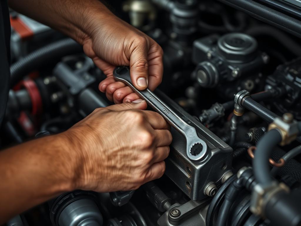 Mechanic's hands working on a complex car engine